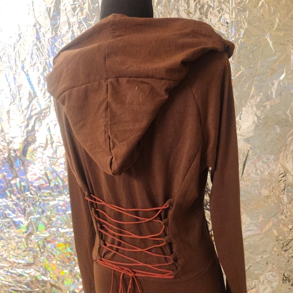 Hooded robber style dress with faux suede leather drawstrings - Picture 9 of 11
